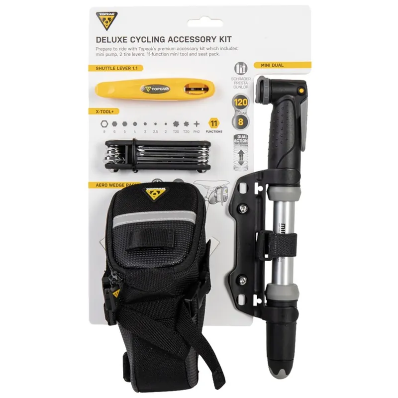 Neuheit Topeak Deluxe Cycling Accessory Kit mit Mini Dual Pumpe, Shuttle Lever 1.1, X-Tool+ & Aero Wedge Pack Small