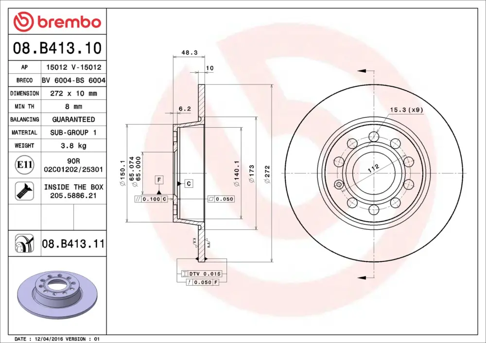 BREMBO 08.B413.11 - Bremsscheibe - PRIME LINE - UV Coated Top-Preis