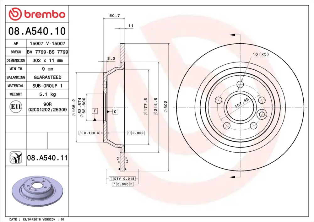 BREMBO 08.A540.11 - Bremsscheibe - PRIME LINE - UV Coated Neu