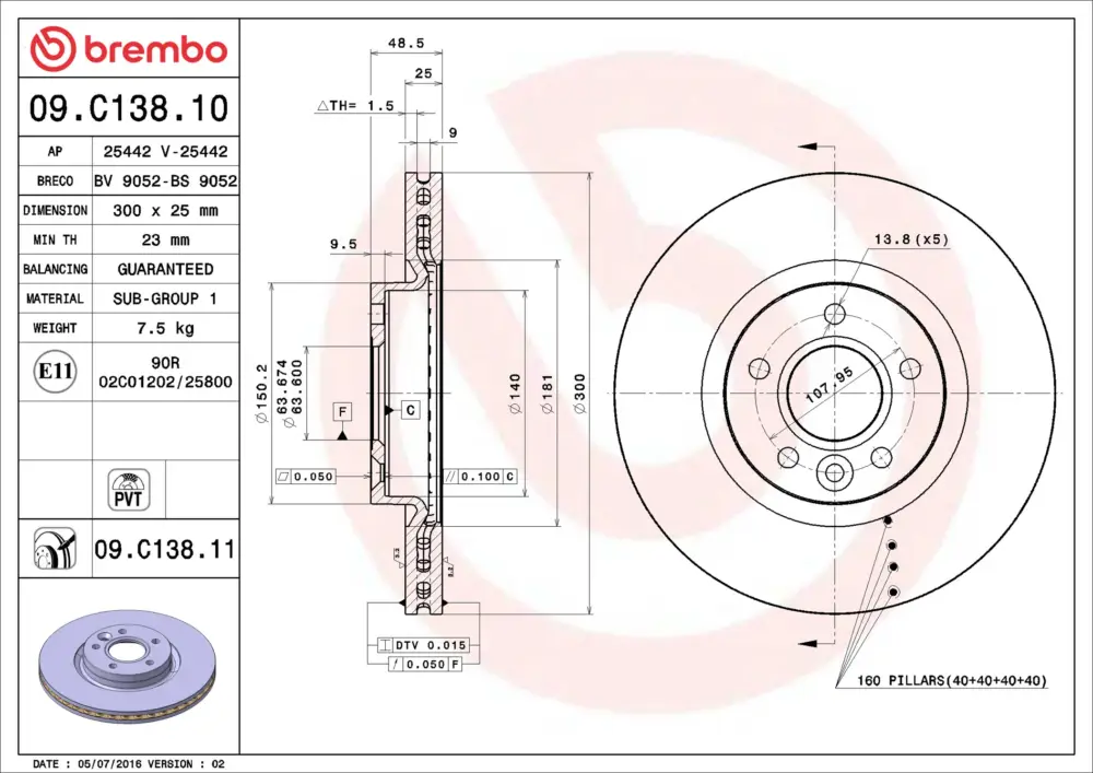 Günstig BREMBO 09.C138.11 - Bremsscheibe - PRIME LINE - UV Coated
