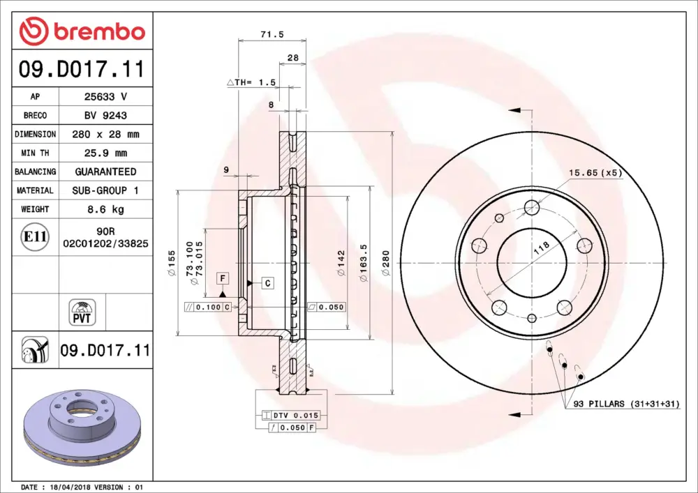 BREMBO 09.D017.11 - Bremsscheibe - PRIME LINE - UV Coated Bestseller