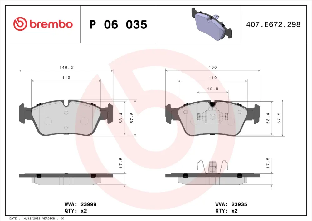 Neue Ware BREMBO P 06 035 - Bremsbelagsatz, Scheibenbremse - PRIME LINE