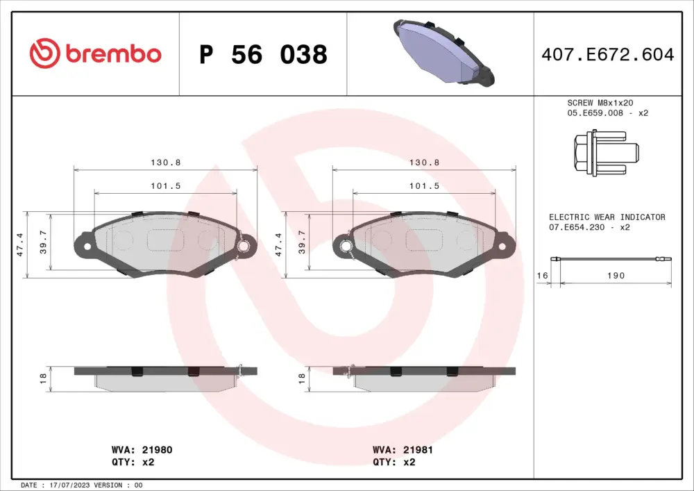 Angebot BREMBO P 56 038 - Bremsbelagsatz, Scheibenbremse - PRIME LINE