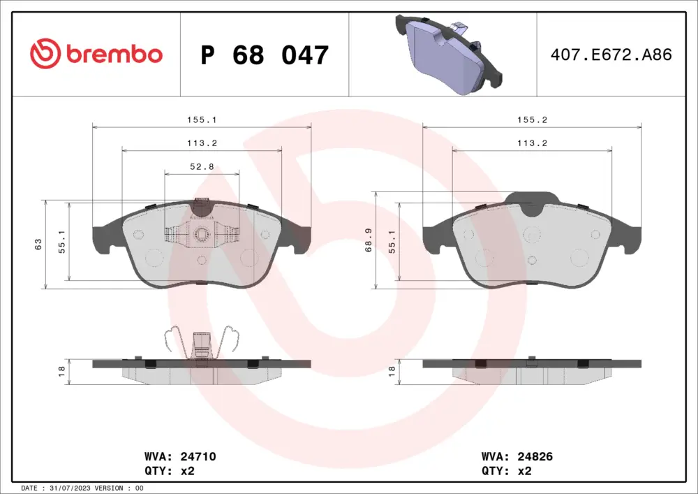 BREMBO P 68 047 - Bremsbelagsatz, Scheibenbremse - PRIME LINE Abverkauf