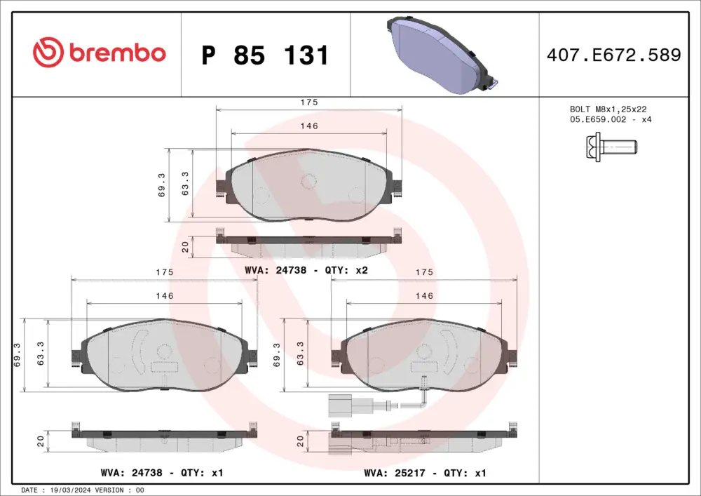 BREMBO P 85 131 - Bremsbelagsatz, Scheibenbremse - PRIME LINE Begrenztes Angebot