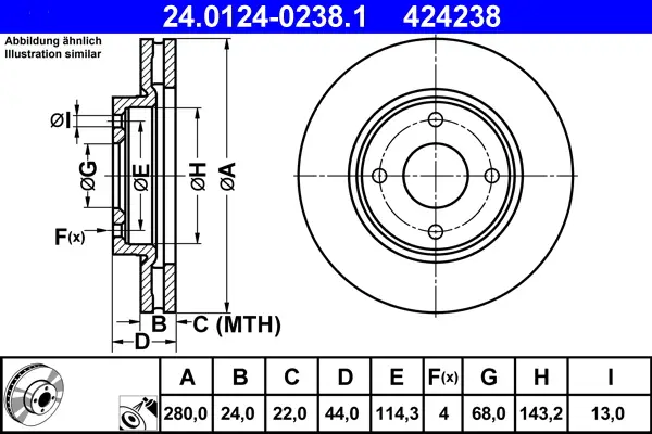Markenprodukt ATE 24.0124-0238.1 - Bremsscheibe