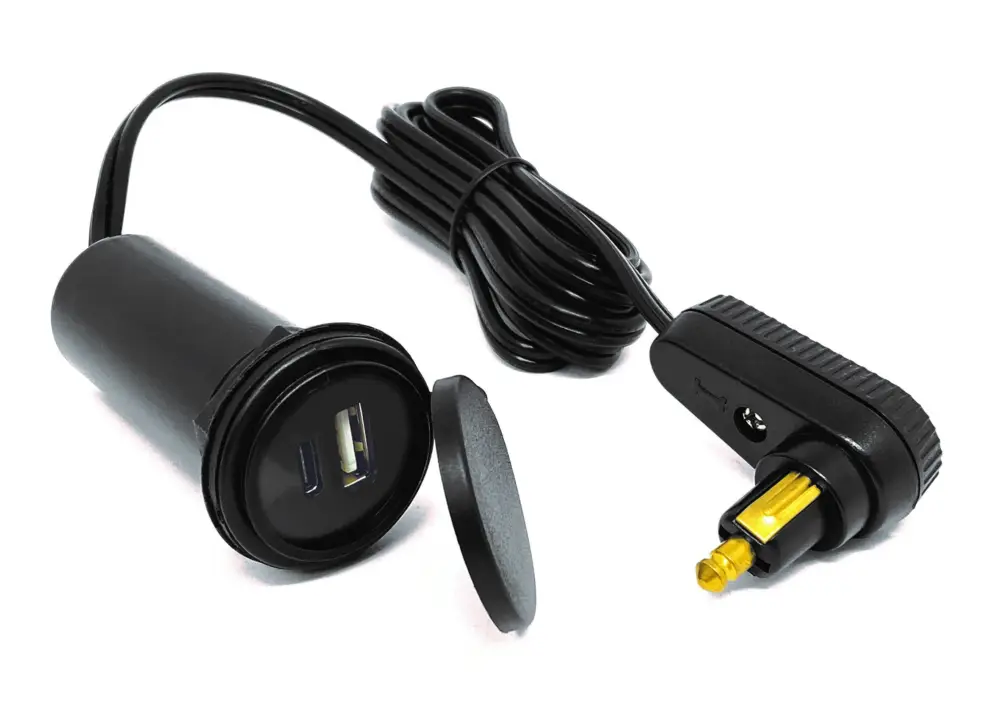 USB-Tankrucksack-Kabel mit Twin-Lader (USB-A und USB-C) und Winkelstecker für DIN-Bordsteckdose Sofort Bestellen