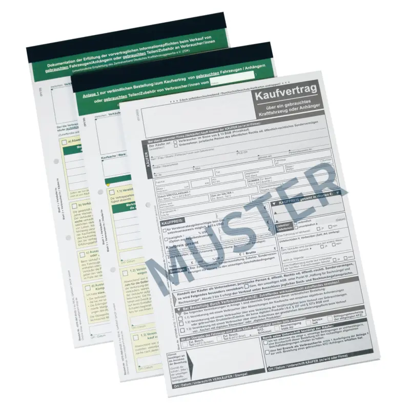 Neu Im Sortiment Formular-Set 3 in 1 Kaufvertrag Gebrauchtwagenverkauf an Verbraucher